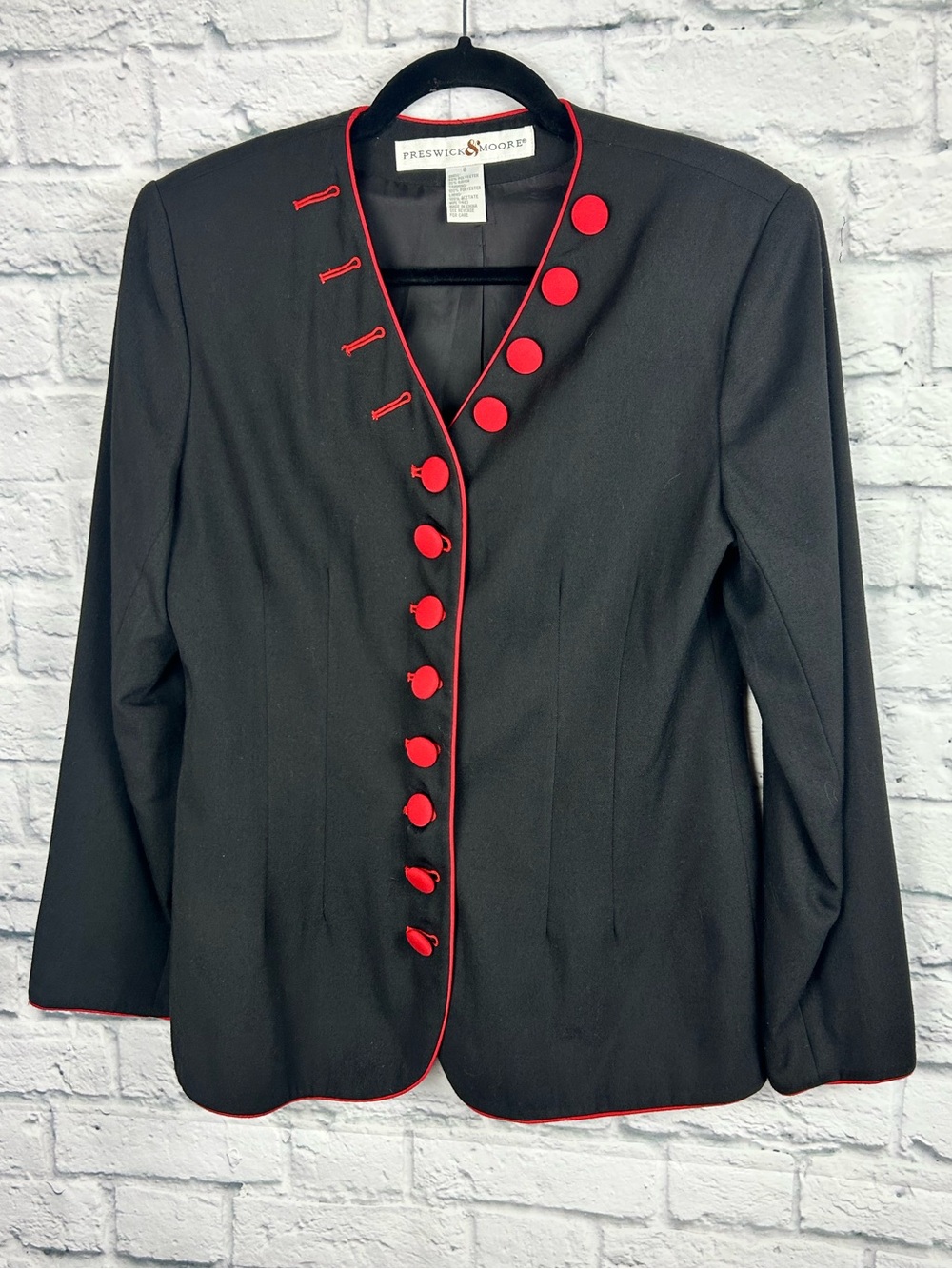 Preswick & Moore Black Red Trim Military Jacket Blazer Women’s Size 8 Vintage